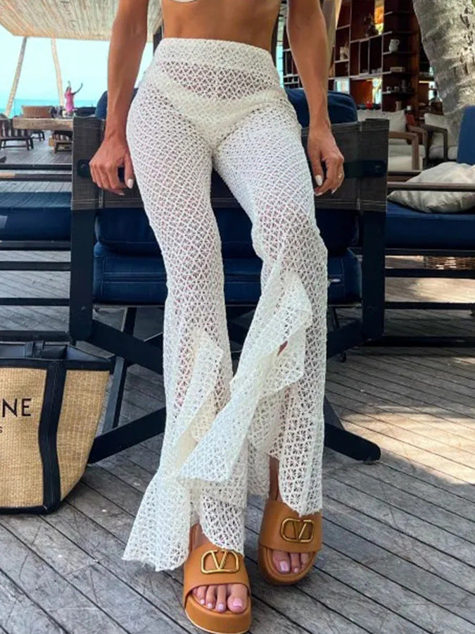 White Sculpted Bikini Set with Sheer Lace Flared Pants