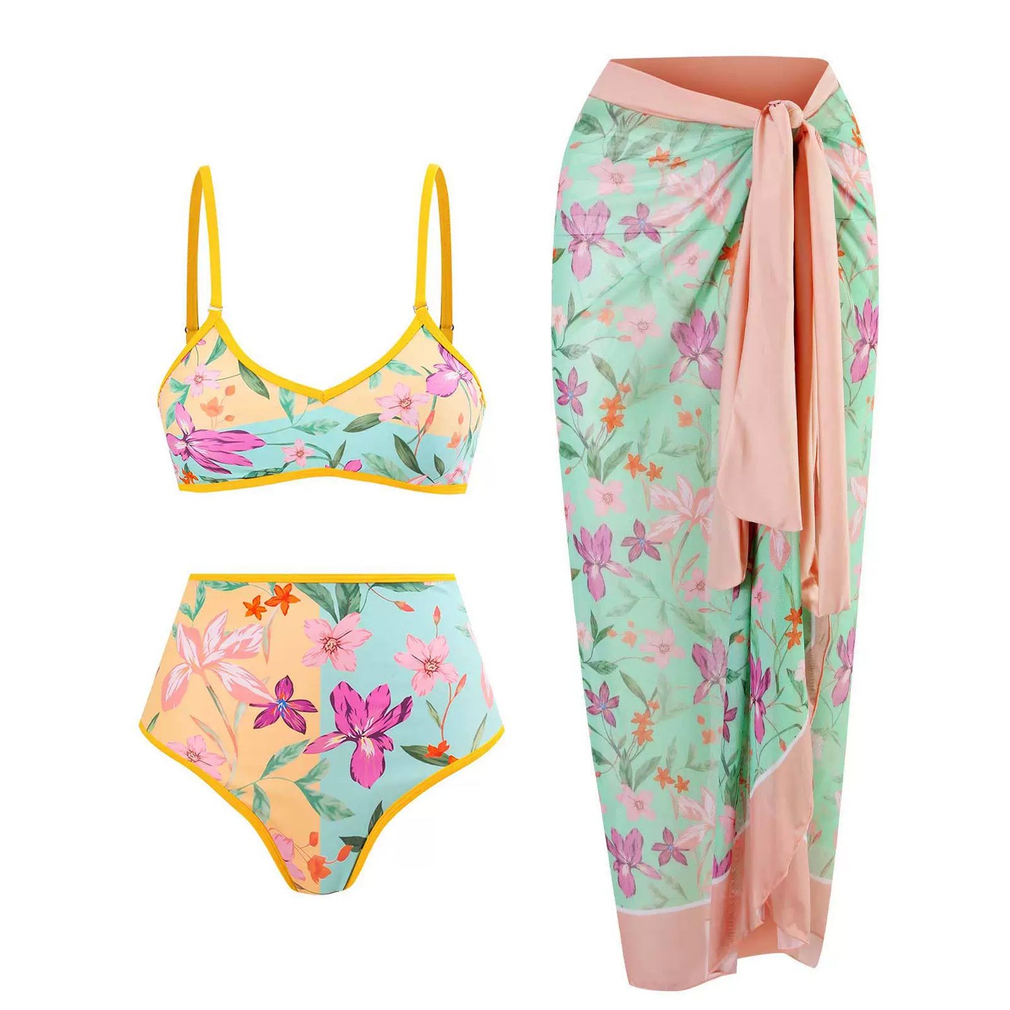 Floral High-Waisted Bikini with Matching Sarong – Tropical Beachwear Set