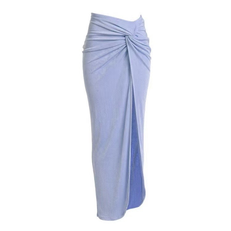 "Elegant Blue Three-Piece Bikini Set with High-Waist Bottoms & Sarong Skirt"