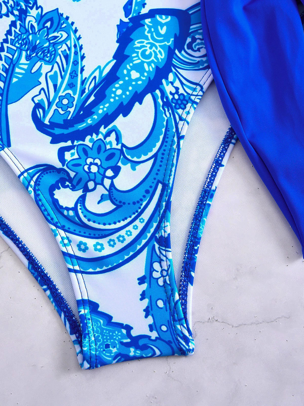 Blue Paisley One-Shoulder Cutout Swimsuit with Waist Tie