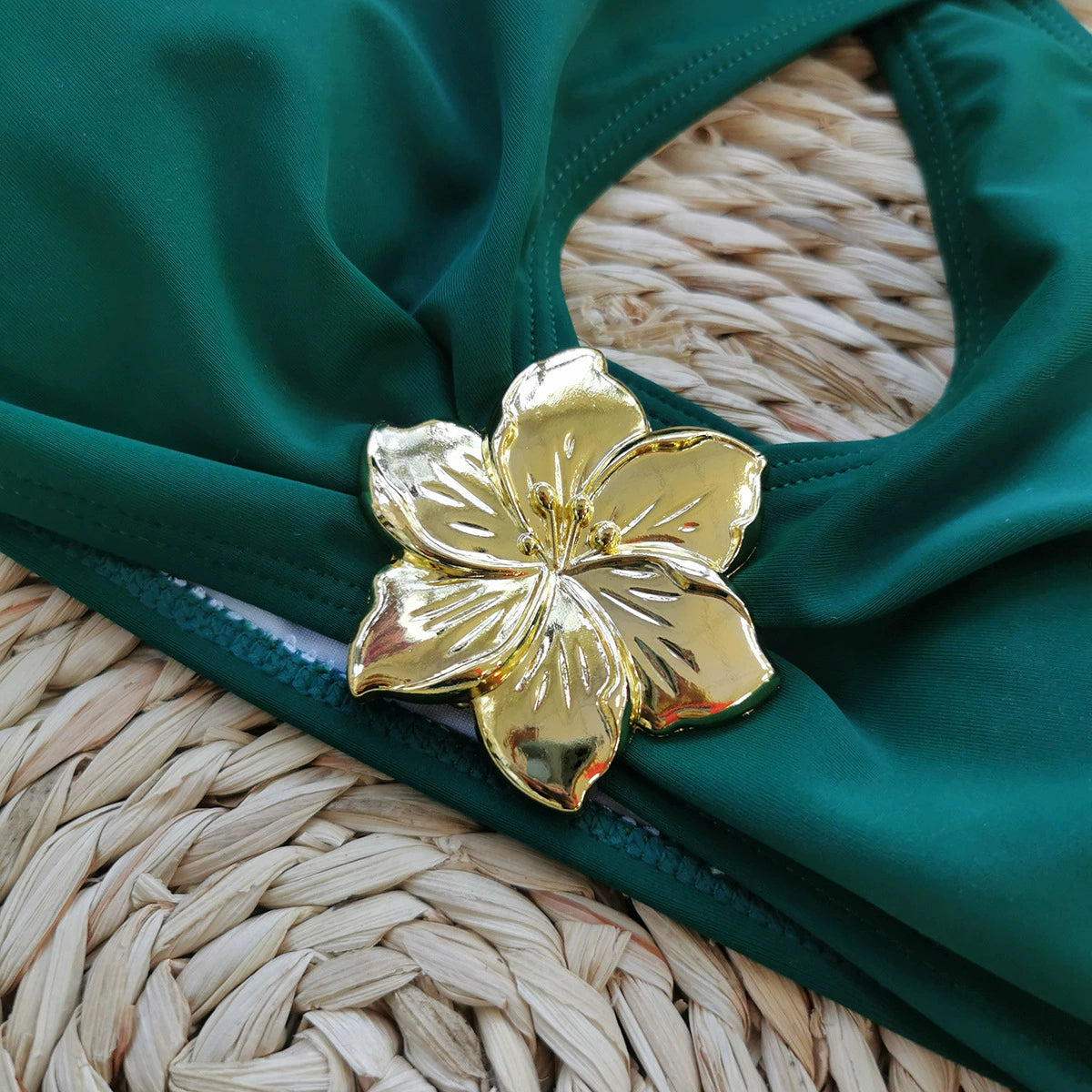 Emerald Green Halter Bikini with Gold Floral Accents – Elegant Swimwear