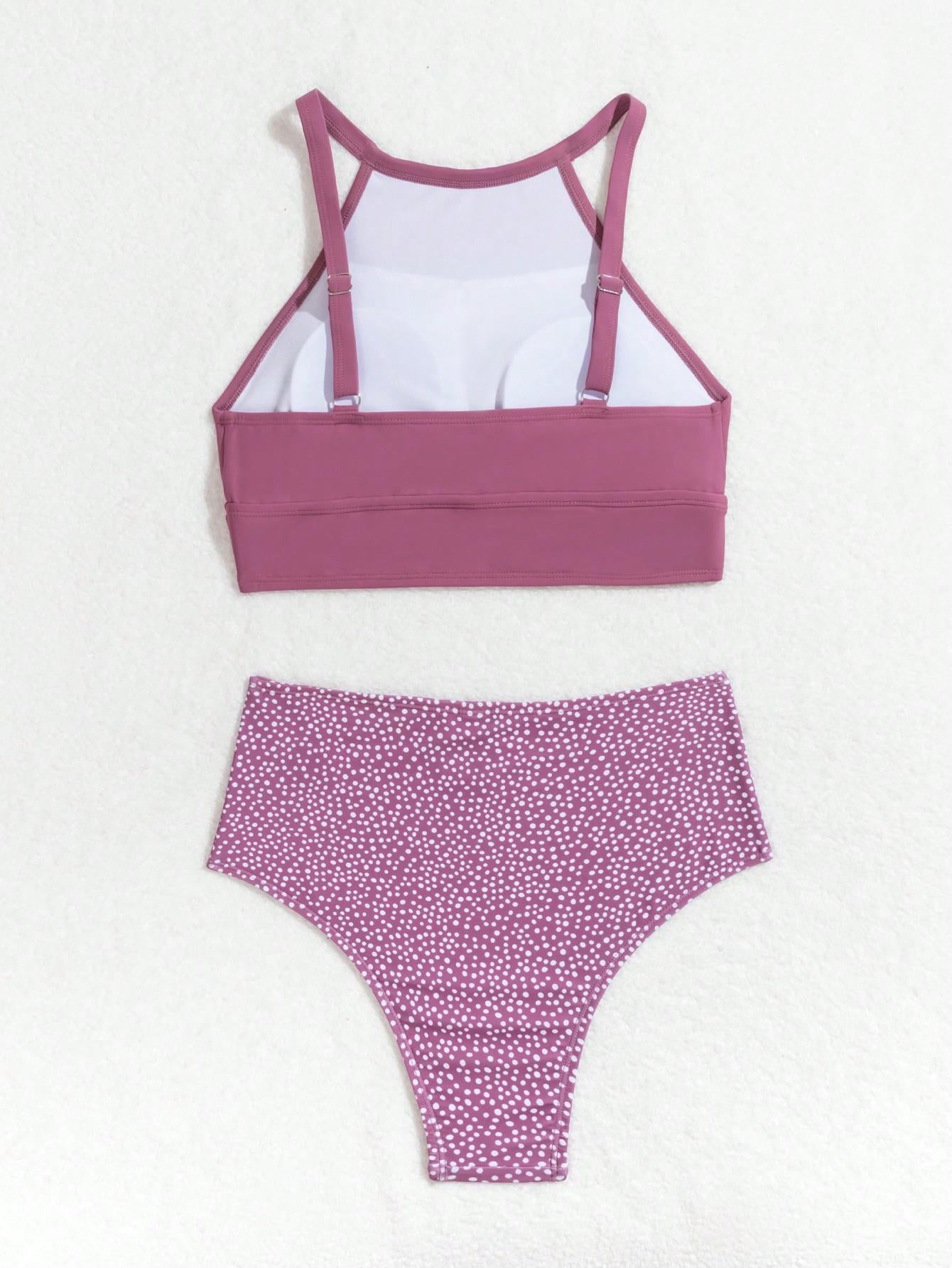 Mauve High-Neck Bikini Set with Polka Dot High-Waist Bottoms