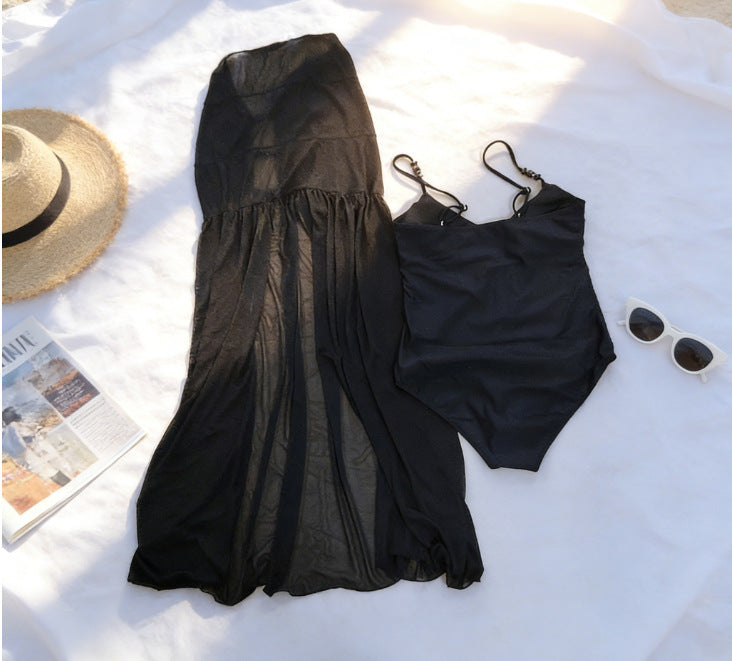Black Cut-Out Monokini & Sheer Mesh Skirt