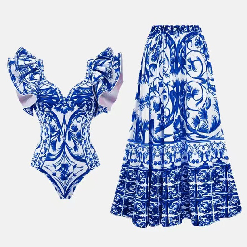 Blue & White Porcelain Print Ruffle Monokini with Matching Maxi Skirt – Elegant Resort Wear