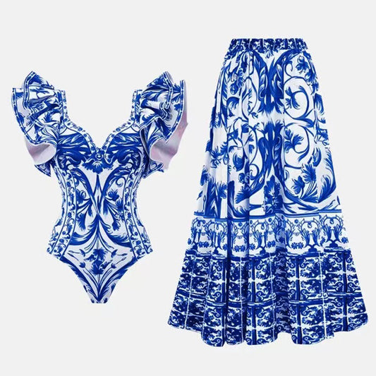 Blue & White Porcelain Print Ruffle Monokini with Matching Maxi Skirt – Elegant Resort Wear