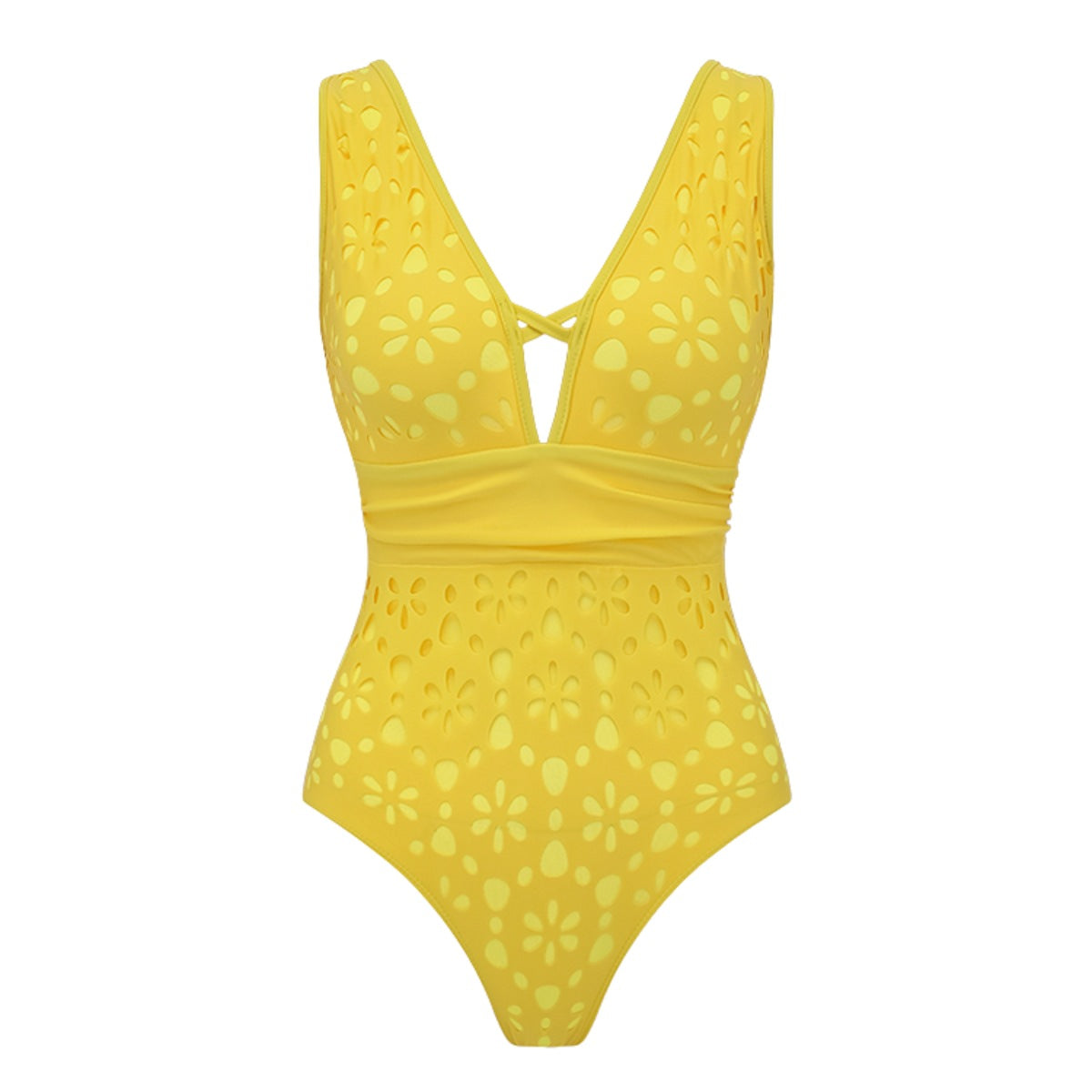 Women’s Yellow Monokini Swimsuit with Floral Cutout Design & Matching Sarong