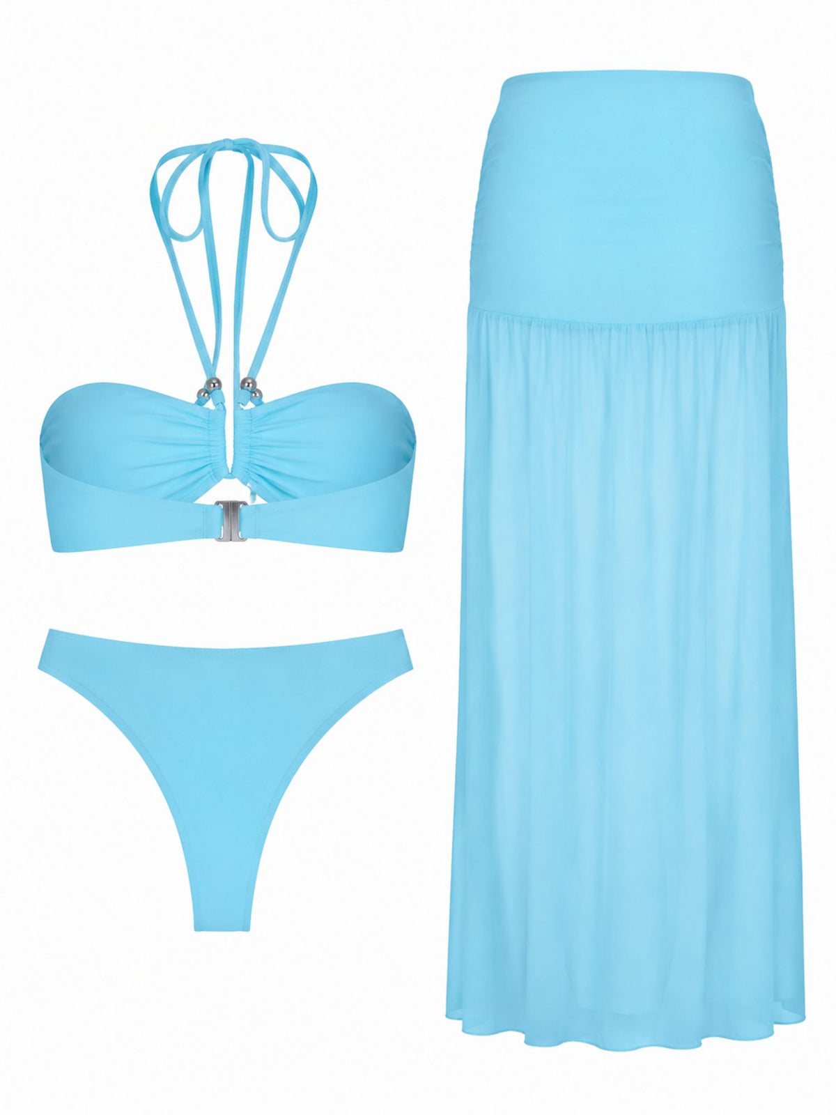 Sky Blue Bandeau Bikini Set with Sheer Maxi Skirt