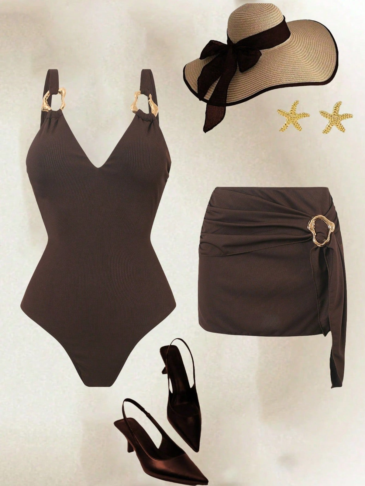 Mocha Luxe One-Piece Swimsuit with Matching Skirt