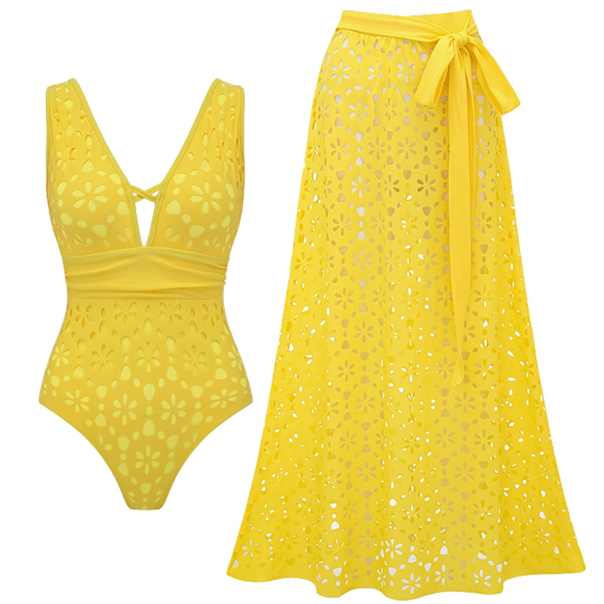 Women’s Yellow Monokini Swimsuit with Floral Cutout Design & Matching Sarong
