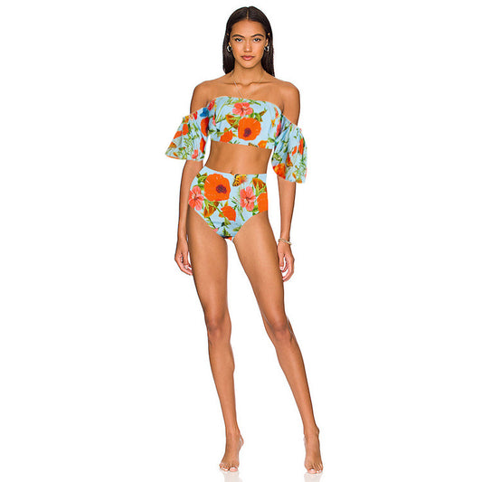 Floral Print Off-Shoulder Bikini and High-Waist Bottoms