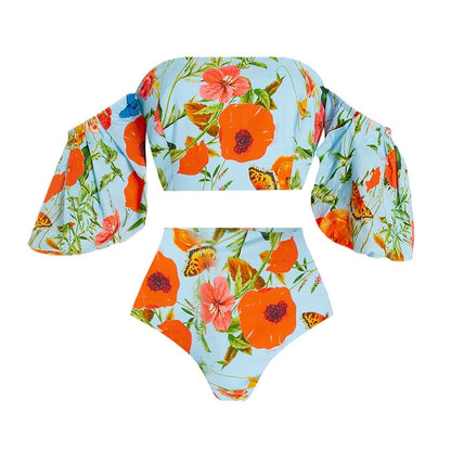 Floral Print Off-Shoulder Bikini and High-Waist Bottoms