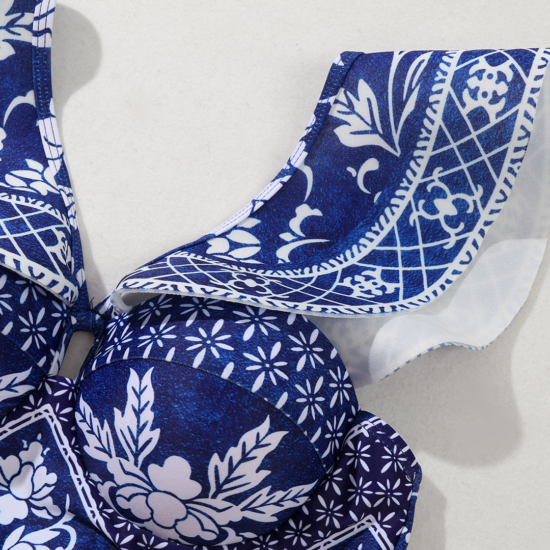 Boho Blue & White  Ruffle Bikini Set