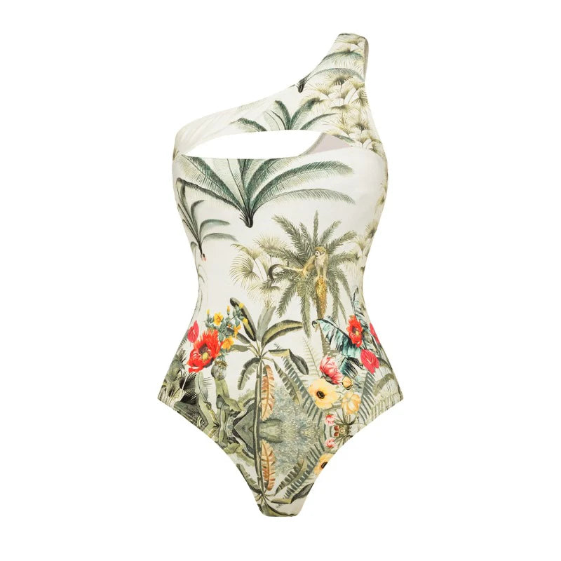 Women’s One-Shoulder Tropical One-Piece Swimsuit