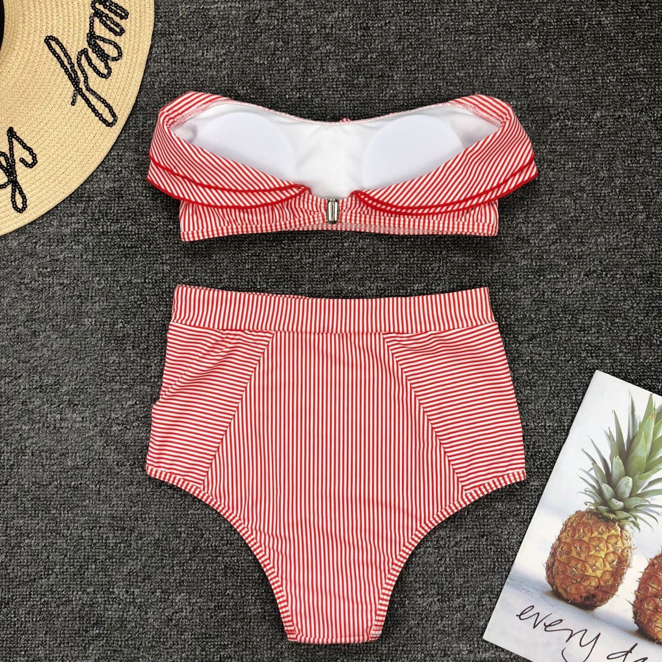 Women’s Sunset Coral Red Ruffle Bandeau High-Waist Bikini Set | Retro Stripe Swimwear