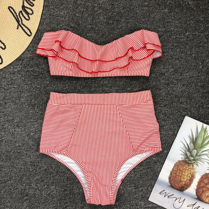 Women’s Sunset Coral Red Ruffle Bandeau High-Waist Bikini Set | Retro Stripe Swimwear