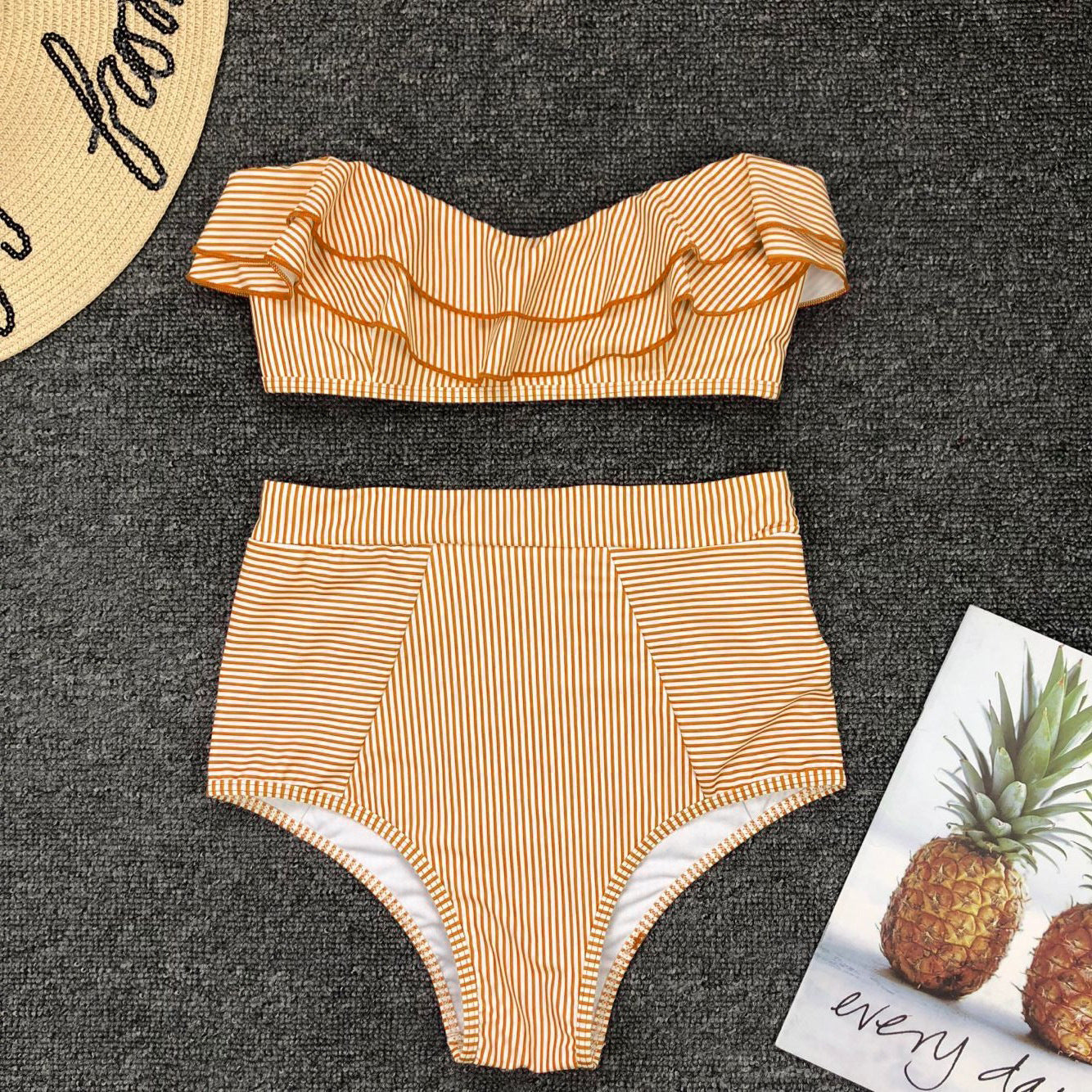 Women’s Sun-Warmed Ochre Yellow Ruffle Bandeau High-Waist Bikini Set | Retro Stripe Swimwear