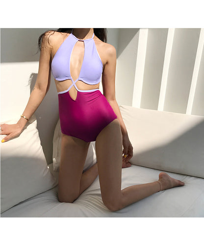 Colorblock Halter Cut-Out Monokini in Lilac & Magenta | Women’s High-Waist One-Piece Swimwear