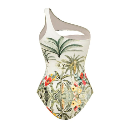 Women’s One-Shoulder Tropical One-Piece Swimsuit with Sheer Ruffle Sarong | Luxe Resort Swimwear