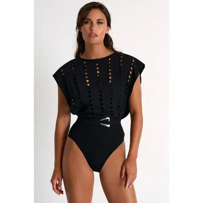 Belted Black Geometric Cutout Monokini with Matching Mini Skirt Cover-Up