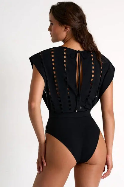 Belted Black Geometric Cutout Monokini with Matching Mini Skirt Cover-Up
