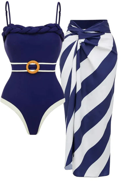 Navy One-Piece Swimsuit with Sarong
