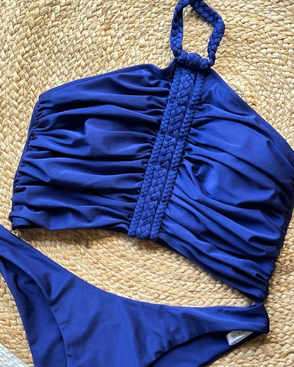 Navy Blue Ruched Halter Bikini Set