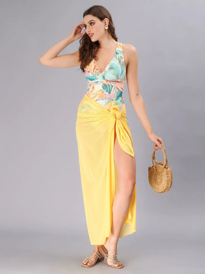 Women’s Floral Cross-Back One-Piece Swimsuit with Yellow Sheer Sarong