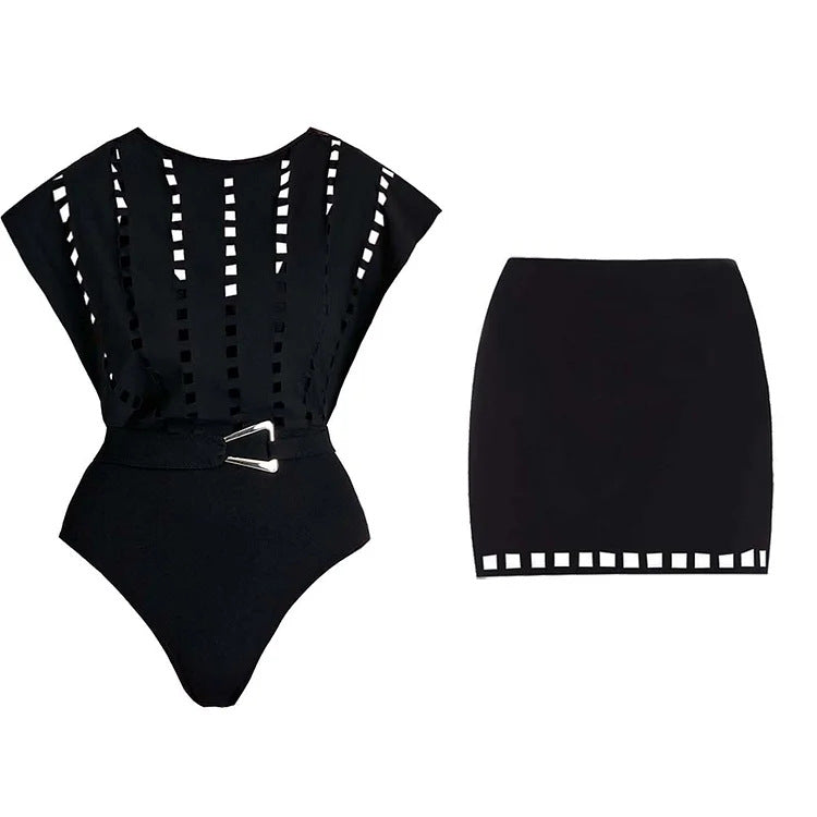 Black Geometric Cutout Monokini with Mini Skirt