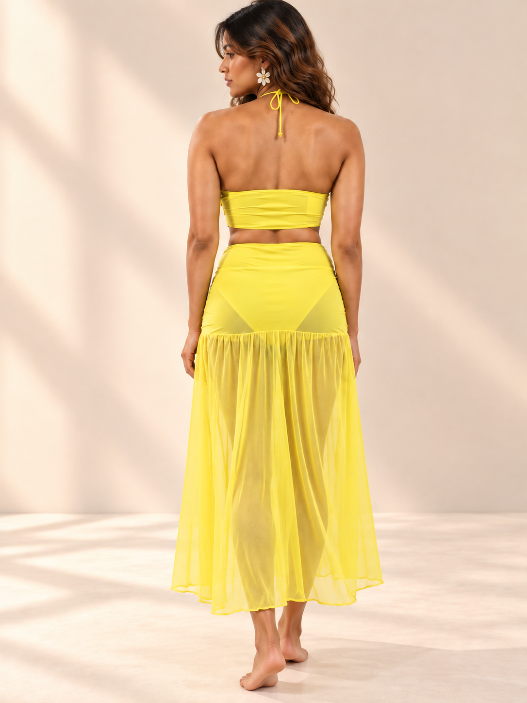 Yellow Ruched Halter Bikini Set with Mesh Sarong