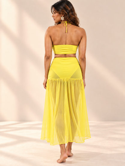 Yellow Ruched Halter Bikini Set with Mesh Sarong