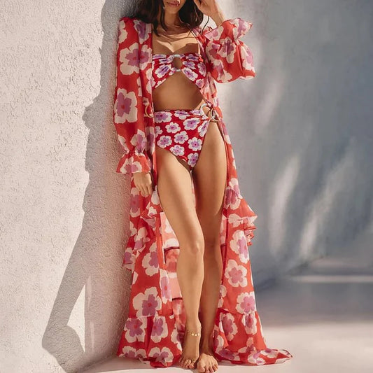 Pink & Red Floral Bikini with Long Sleeve Ruffle Cover-Up Dress
