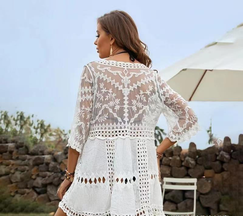 White Lace V-Neck Cover-Up Dress