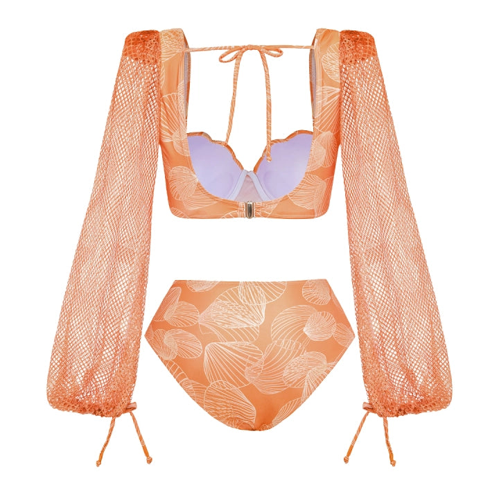 Peach Shell Bikini Set With Skirt