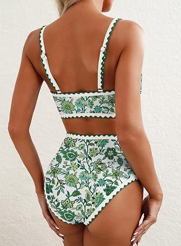 Green Floral High-Waisted Bikini Set – Scoop Neck Top & Vintage Botanical Print Swimwear