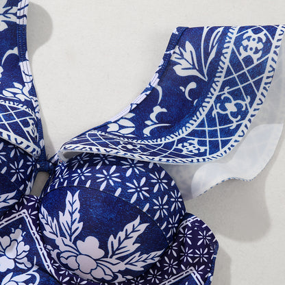 Boho Blue & White 3-Piece Swimwear Set – Ruffle Bikini with Maxi Sarong