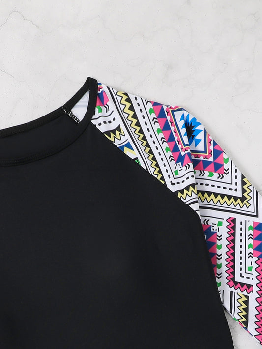 Aztec Print Pink Long-Sleeve Rash Guard Bikini Set | Crop Swim Top with High-Waist Shorts