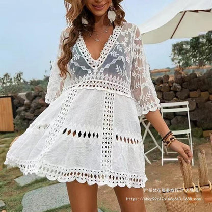 White Sheer Lace Swim Cover-Up Dress | V-Neck Beachwear Cover-Up for Women
