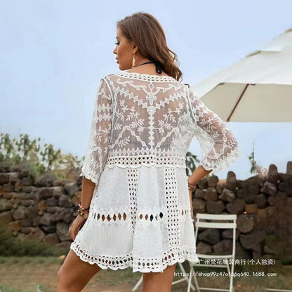 White Sheer Lace Swim Cover-Up Dress | V-Neck Beachwear Cover-Up for Women