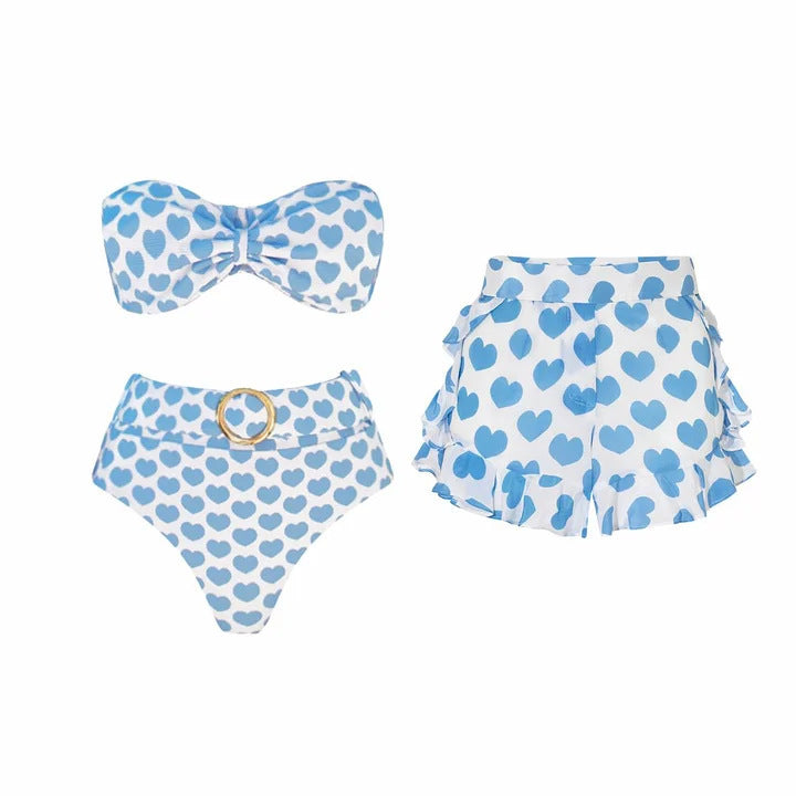 Blue Heart Beachwear Bikini Set with Ruffle Cover-Up Shorts