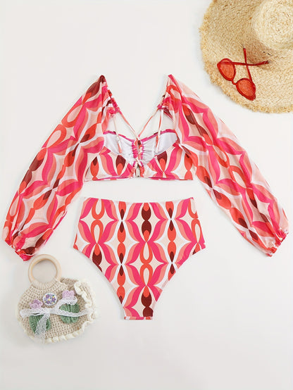 Pink Retro Print Mesh Sleeve High-Waist Bikini Set