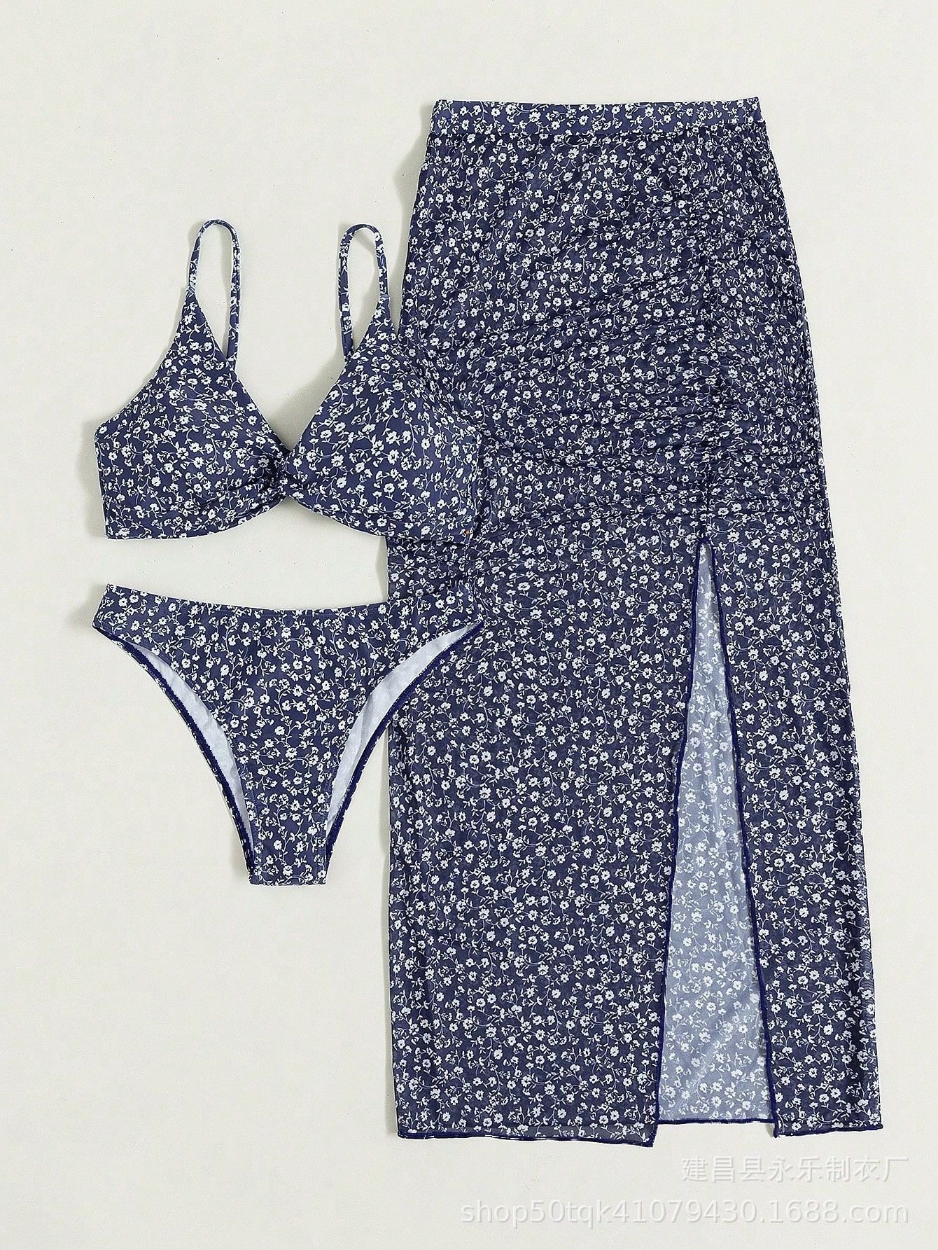 Blue Ditsy Floral Bikini Set with Slit Sarong Skirt | 3-Piece Swimwear Co-ord for Women