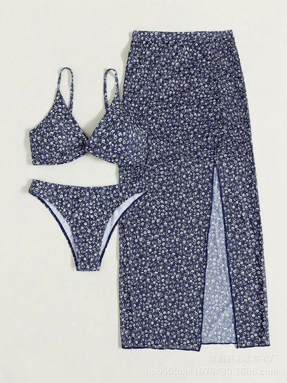 Blue Ditsy Floral Bikini Set with Slit Sarong Skirt | 3-Piece Swimwear Co-ord for Women