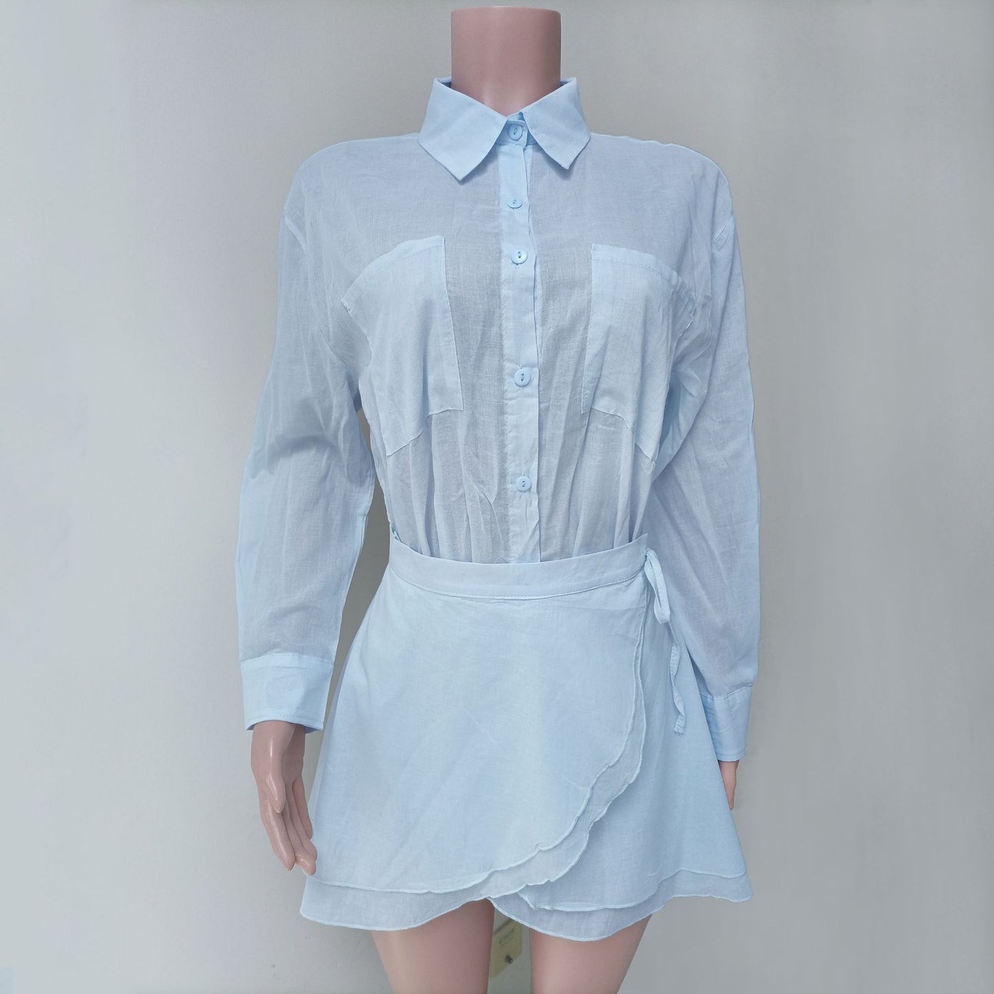 Sky Blue Tie-Up Beach Shirt with Wrap Skirt Cover-Up Set