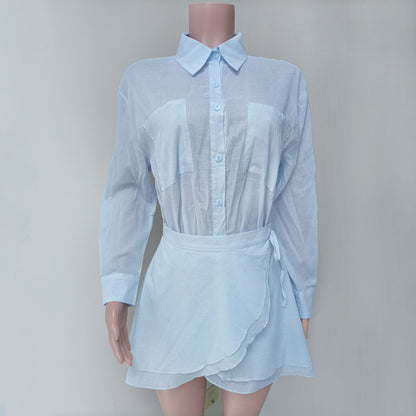 Sky Blue Tie-Up Beach Shirt with Wrap Skirt Cover-Up Set