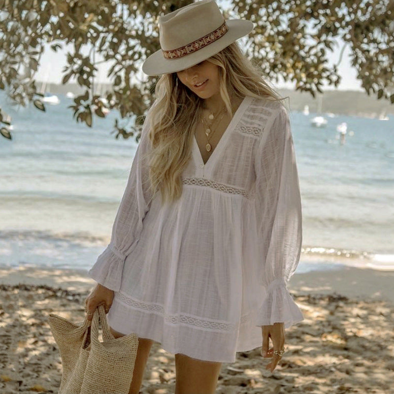 White Cotton Lace Trim Beach Cover-Up Dress | Sheer Summer Swimwear Cover-Up for Women