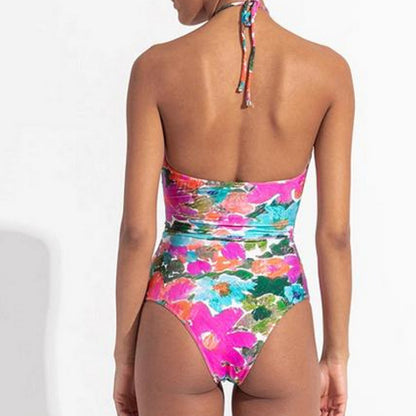 Tropical Floral Cut-Out One-Piece Swimsuit with Criss-Cross Detail | Women’s Designer Swimwear