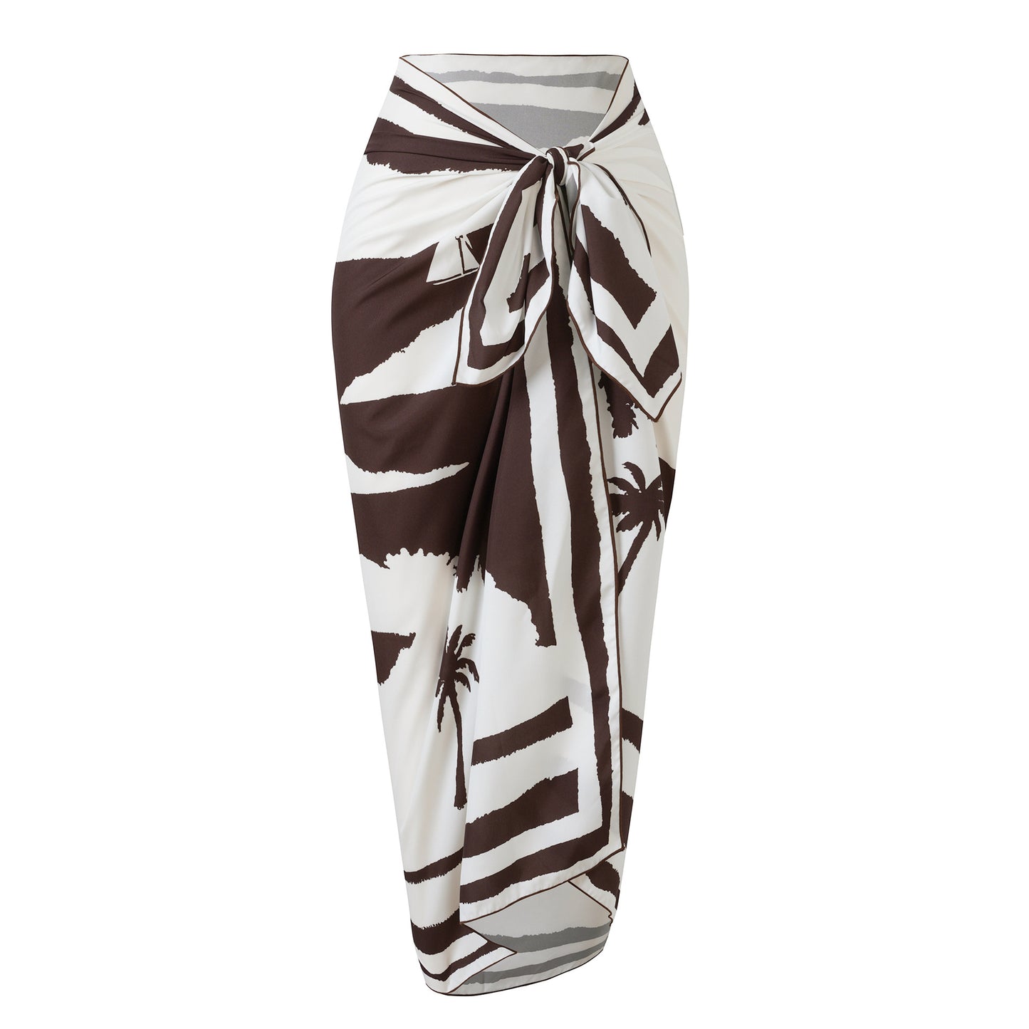 Brown Cut-Out Strapless Monokini with O-Ring Detail & Printed Sarong | Women’s Luxury One-Piece Swimwear Set