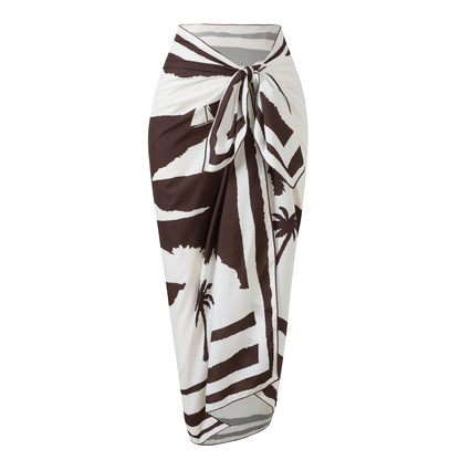 Brown Cut-Out Strapless Monokini with O-Ring Detail & Printed Sarong | Women’s Luxury One-Piece Swimwear Set