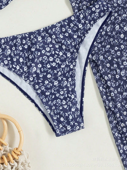 Blue Ditsy Floral Bikini Set with Slit Sarong Skirt | 3-Piece Swimwear Co-ord for Women