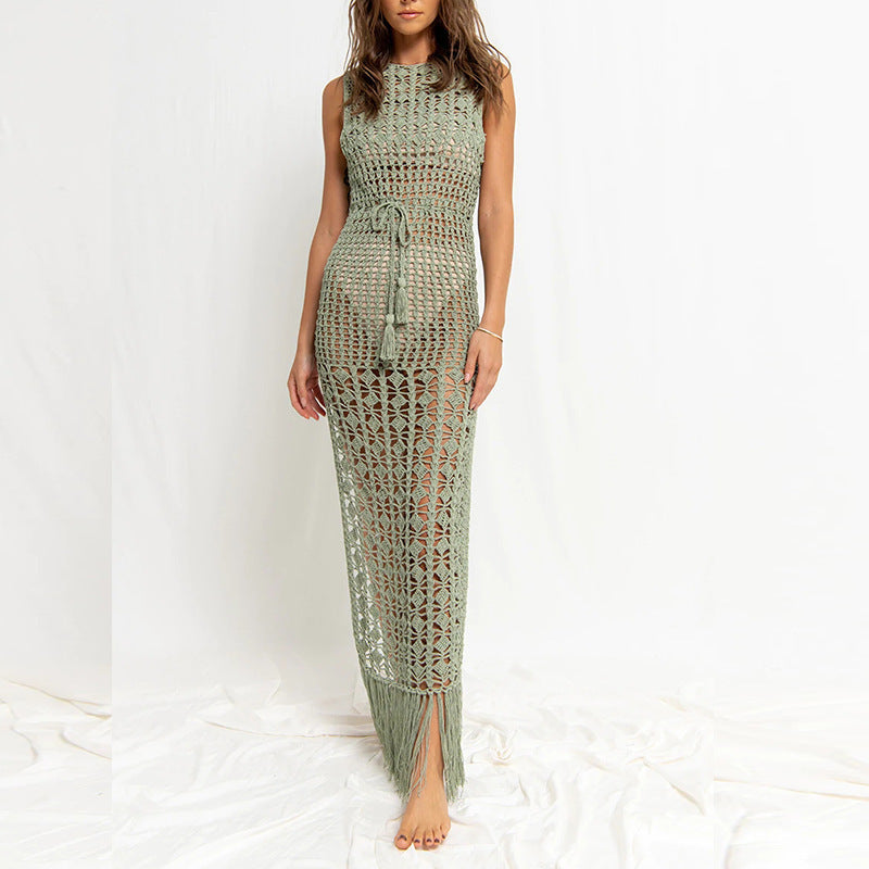Sage Green Crochet Maxi Beach Cover-Up Dress